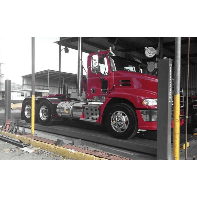 BendPak HDS-27X 27,000lb 4 Post Lift - Extended Length Red Truck Side View