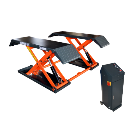 Orange and black vehicle scissor lift with control panel