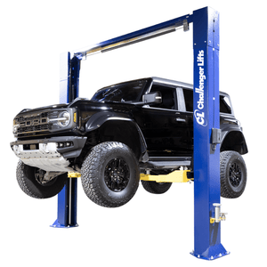 Challenger CL10AV3 Series 10K Ver symmetric Two-Post Lift Side View with  Black Car Lifting
