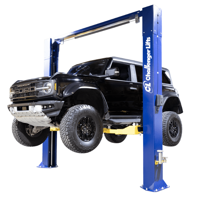 Challenger CL10AV3 Series 10K Ver symmetric Two-Post Lift Side View with  Black Car Lifting