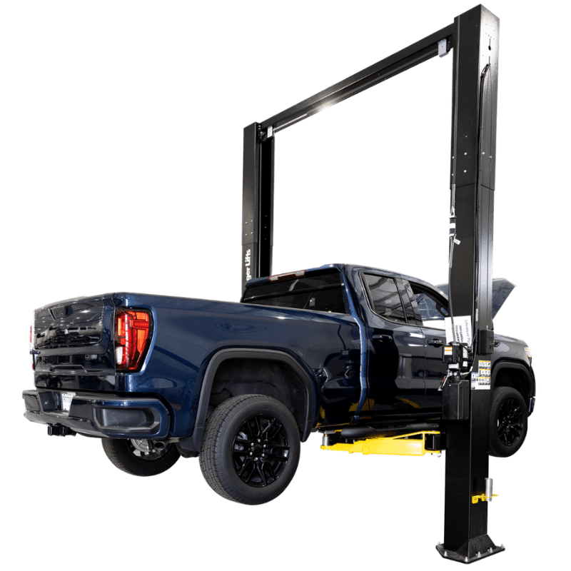 Challenger CL12A Series 12K Heavy-Duty Two-Post Adjustable Lift Side View with Car Lifting