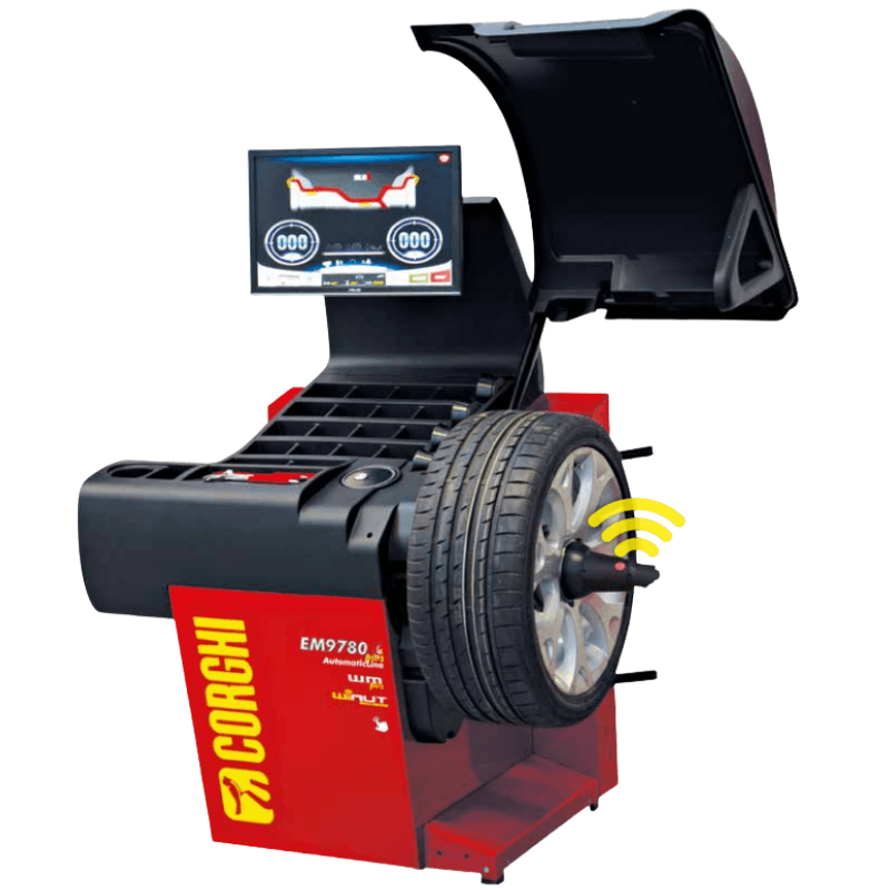 Corghi EM9780 Fully Automatic Touchscreen Wheel Balancer Side View