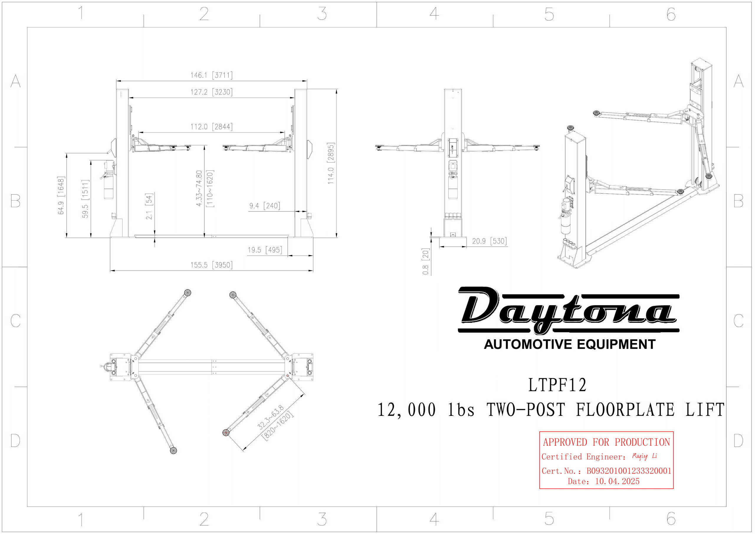 Daytona LTPF12 12,000lb 2 Post Lift