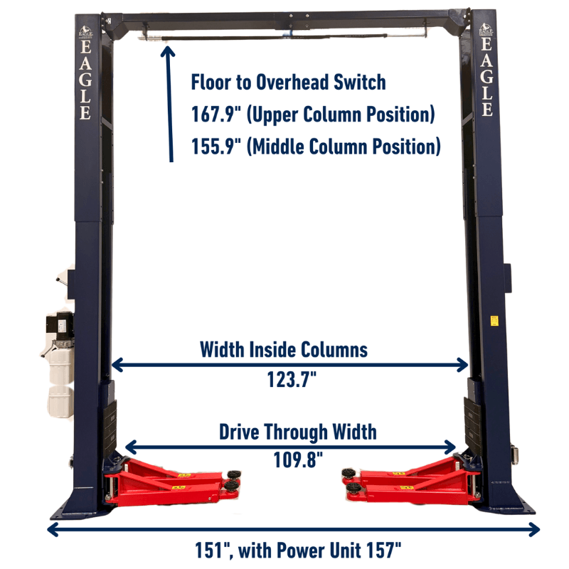 EAG-12K 12,000 Lbs 2-Post Lift – Symmetric Arm Dimensions View
