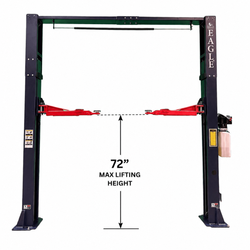 Eagle EAG-9C 9,000 Lbs 2-Post Lift – Clear Floor Versatile Arms Front View with Dimension