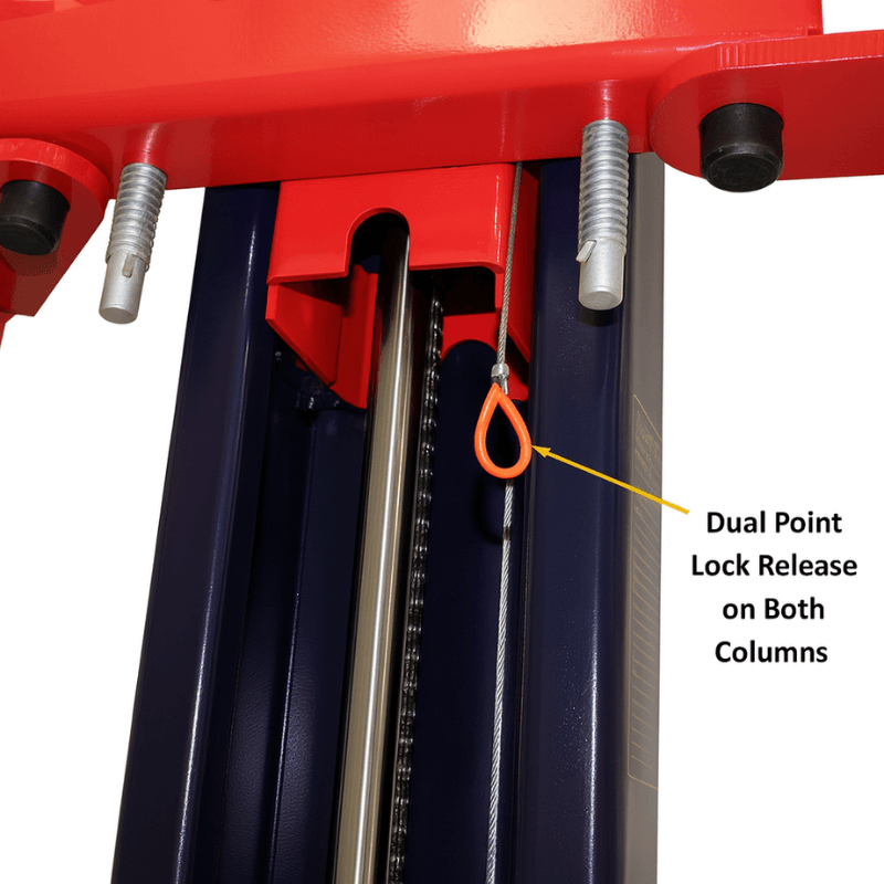 EAG-9F 9,000 Lbs 2-Post Lift – Floor Plate Asymmetric Arms Lock Release View