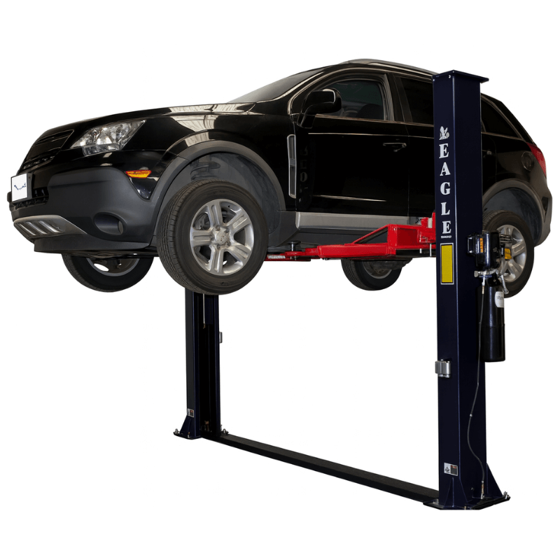 Eagle EAG-9F 9,000 Lbs 2-Post Lift – Floor Plate Asymmetric Arms with Black Car Side View