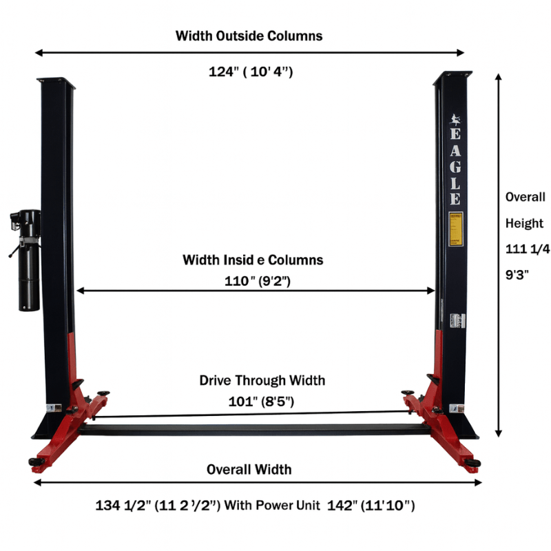 EAG-9F 9,000 Lbs 2-Post Lift – Floor Plate Asymmetric Arms Dimension View