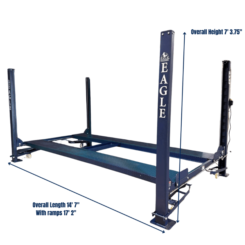 Eagle MS-8000 8000lb 4 Post Storage Car Lift Side View with Dimension