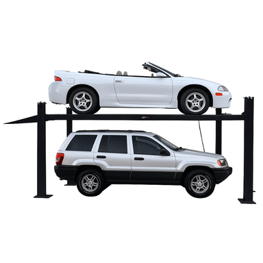 FP8K B 8,000 lb 4 Post Vehicle Storage Lift by Tuxedo Full side View with cars