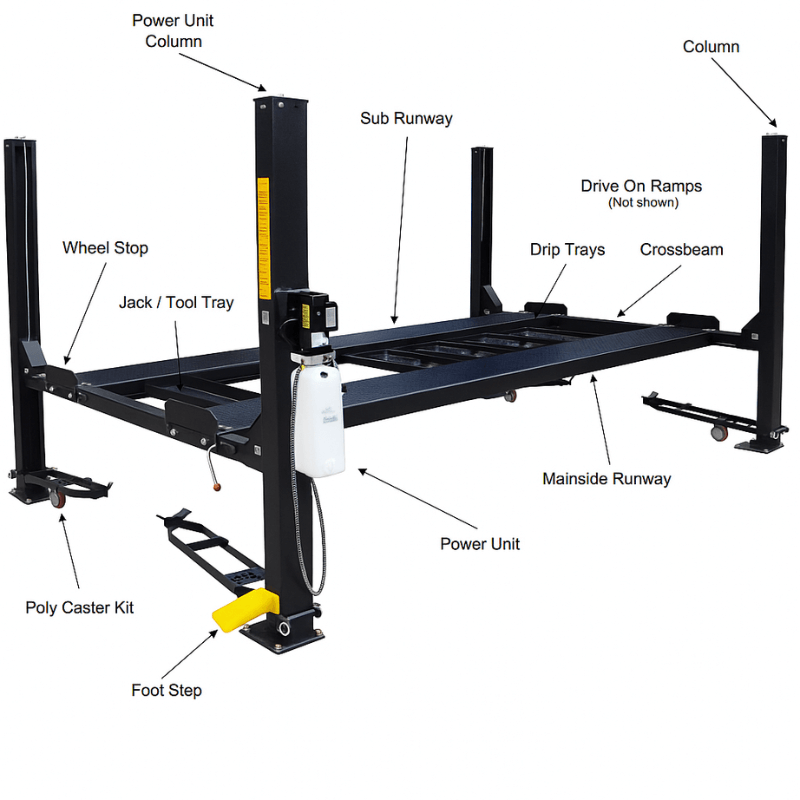 FP9K DX XLT 9,000 lb 4 Post Vehicle Storage Lift - Extra Tall/Long with part and label view