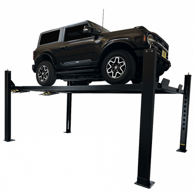FP9K DX XLT 9,000 lb 4 Post Vehicle Storage Lift - Extra Tall/Long Side View Black Frame