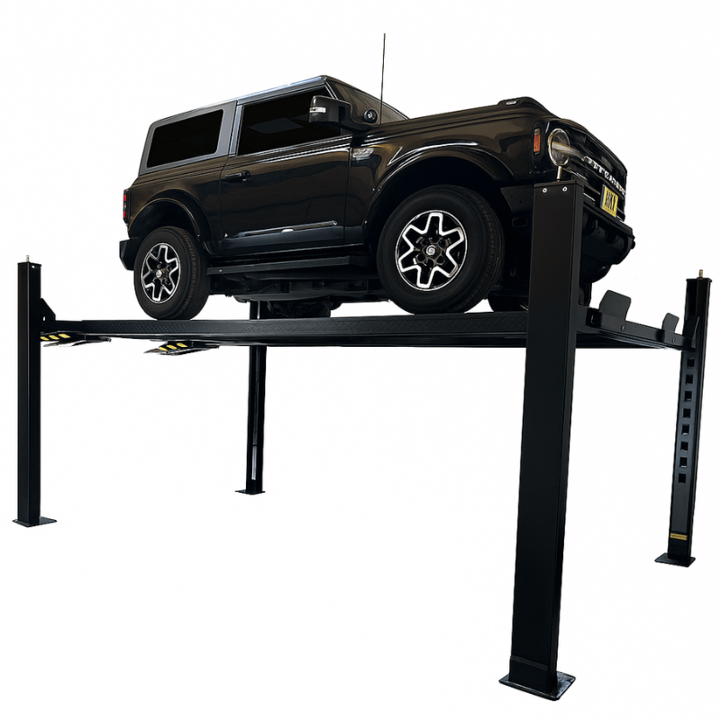 FP9K DX XLT 9,000 lb 4 Post Vehicle Storage Lift - Extra Tall/Long Side View Black Frame