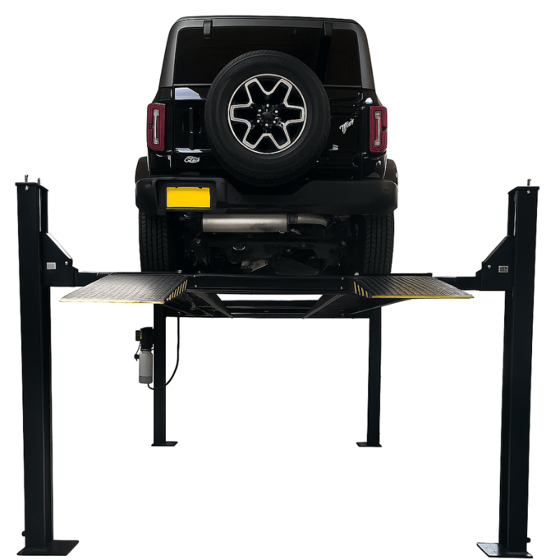 FP9K DX XLT 9,000 lb 4 Post Vehicle Storage Lift Front View with the back of the car