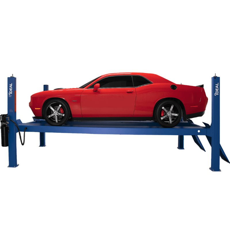FP14KC-X 14,000 lb 4 Post Car Lift Full Side View with Red Car Lifting