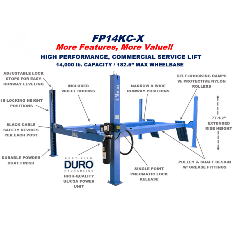 FP14KC-X 14,000 lb 4 Post Car Lift Parts with Label View