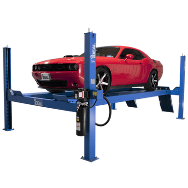 IDEAL FP14KC-X 14,000 lb 4 Post Car Lift With Red Car Side View