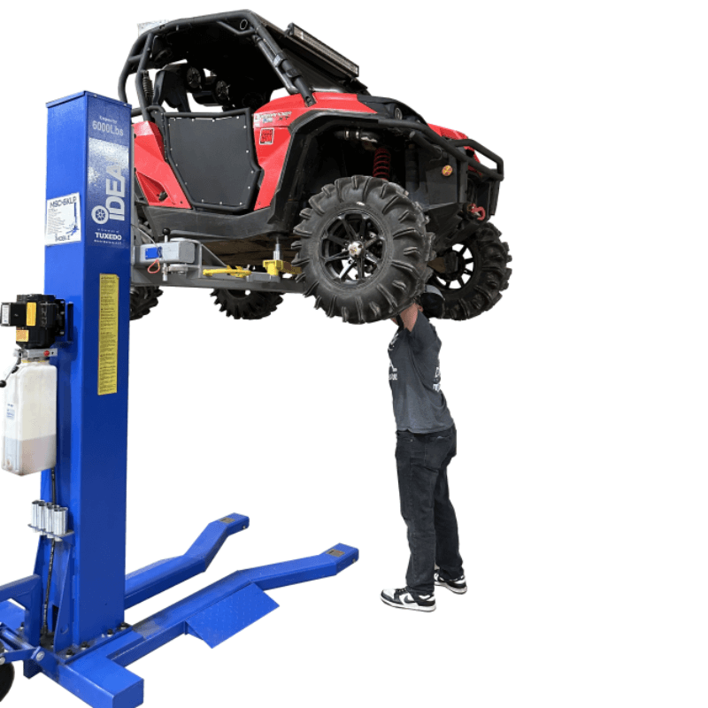 Single Post Car Lift  MSC-6KLP 6,000lb - Portable With Car Lifting and Person Under