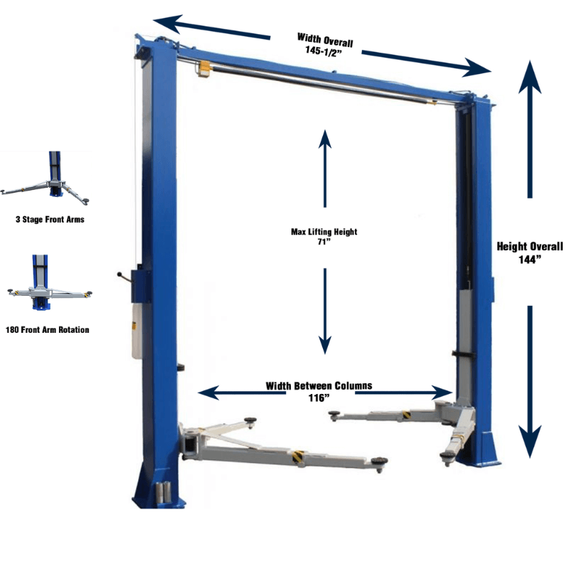 2 Post Car Lift TP10KAC-DX with measurements view