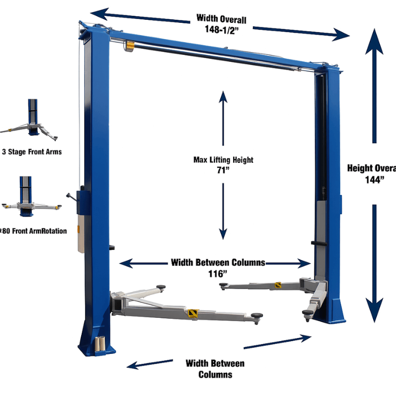 TP10KAC-DX 10,000lb 2 Post Car Lift Dimension View