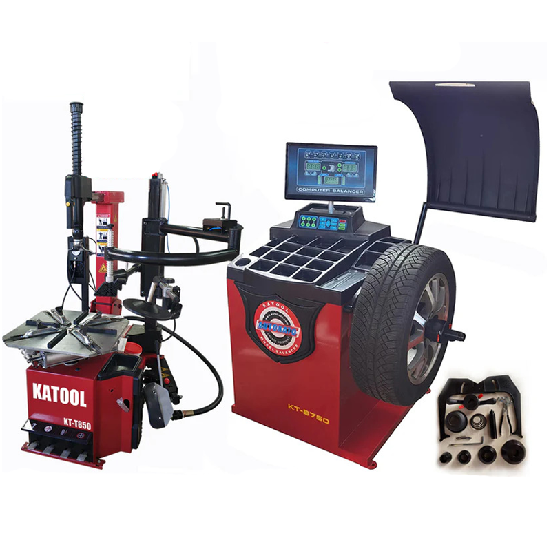 T850 Tilt-Arm Wheel Clamp Tire Changer Machine and B750 Wheel Balancer by Katool - Front View