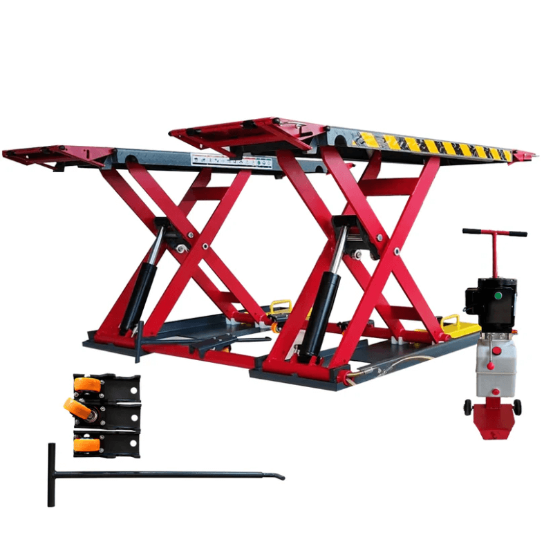 Katool KT-X77 Heavy Duty Mid-Rise Scissor Car Lift Side View with Panel and Tools
