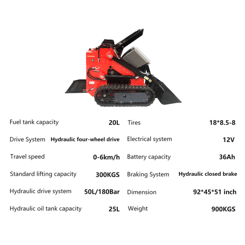 KT-SK26-B, 23 HP Mini Skid Steer Track Loader - 837 lbs Lifting Capacity by Katool  Specs View