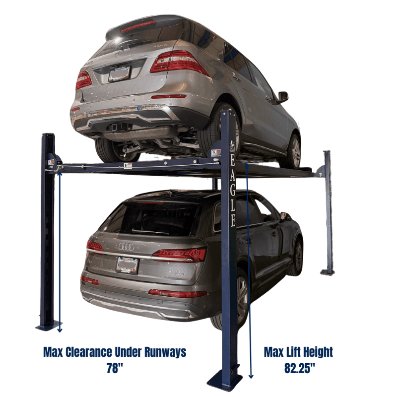 MS-8000-XLT 8000lb 4 Post Storage Car Lift Back View with Dimensions