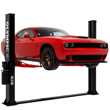 Olympic 2PBP-8 8,000-lb Base Plate 2 Post Lift Side View with Red Car and Black 2 Post Lift