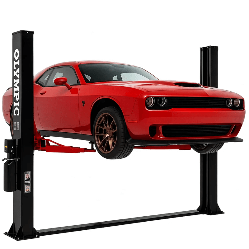 Olympic 2PBP-8 8,000-lb Base Plate 2 Post Lift Side View with Red Car and Black 2 Post Lift