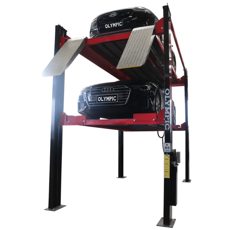 4P-4032XL 16,000 lb. Three Level 3-Car Stacking 4 Post Lift Front View with 2 cars above