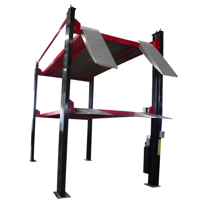 4P-4032XL 16,000 lb. Three Level 3-Car Stacking 4 Post Lift Semi Side View