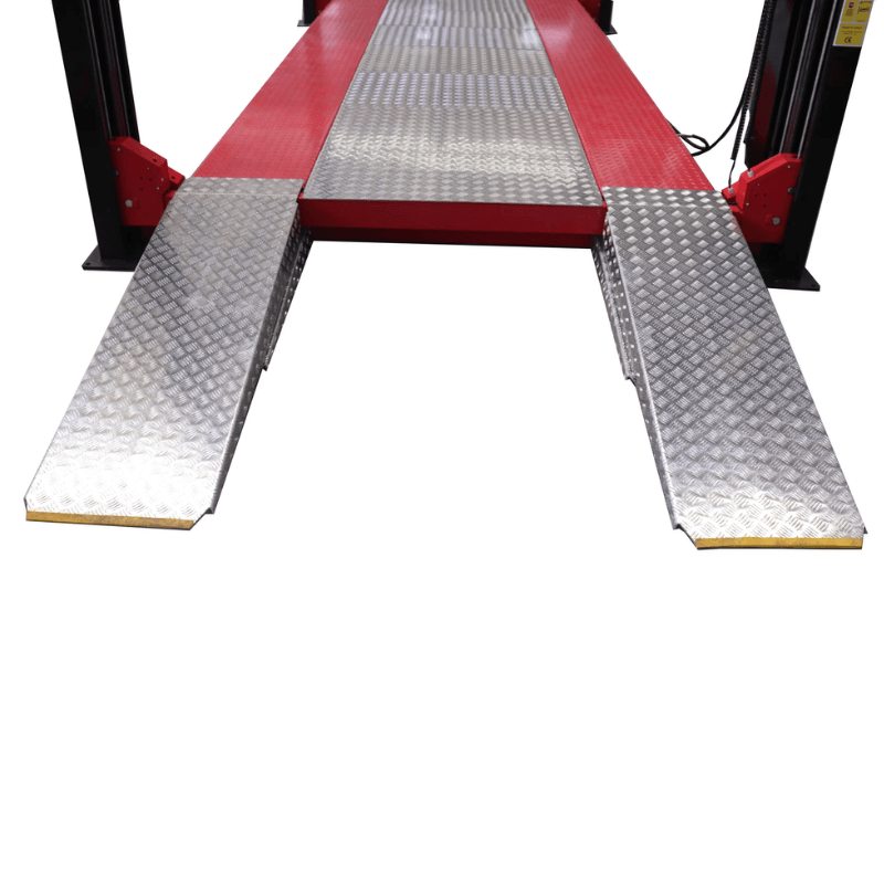 4P-4032XL 16,000 lb. Three Level 3-Car Stacking 4 Post Lift Front Ramp View