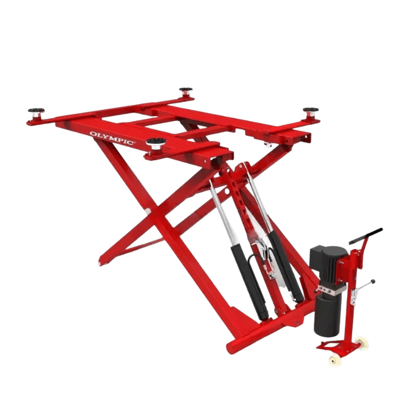 Olympic MRSL-6 6,000 lb. Portable Mid-Rise Scissor Lift Semi Side View with Motor Panel
