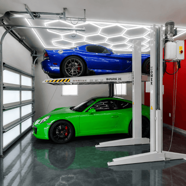 Omer BIPARK Double Car Stacker Full Side View with 2 Cars on the Lift