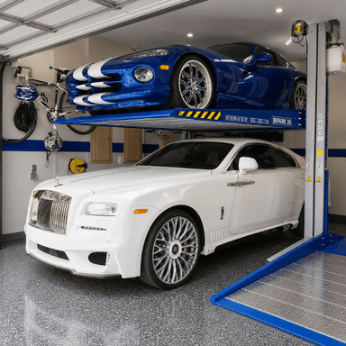 Omer BIPARK Double Car Stacker Parking Lift Side View with 2 Cars on the Lift