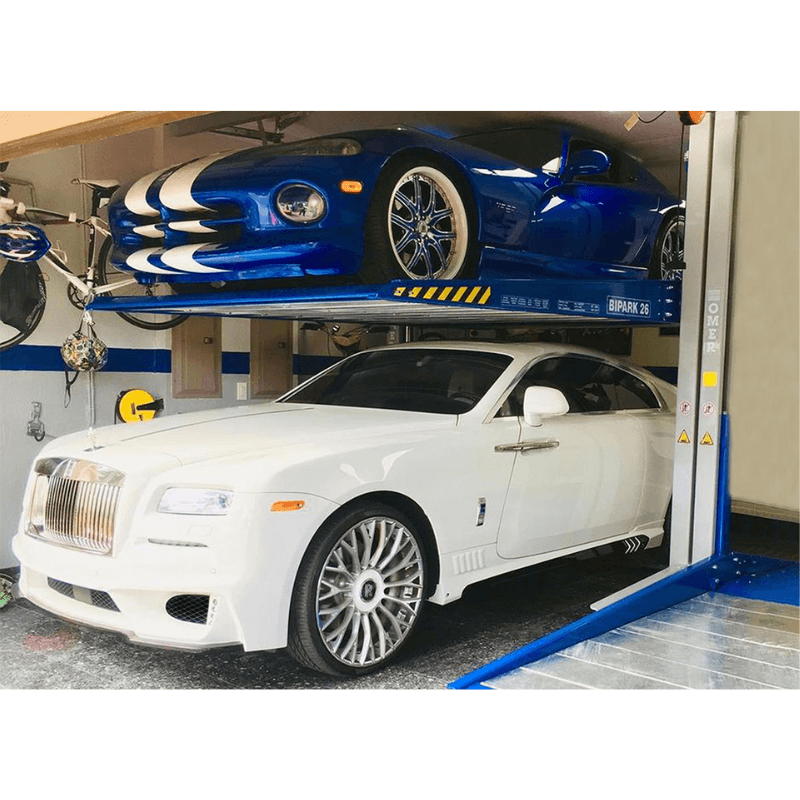 Omer BIPARK 26 Double Car Stacker Hydraulic Parking Lift Side View with 2 Luxury Cars
