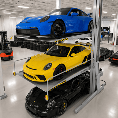 Omer TRIPARK Triple Car Stacker Hydraulic Parking Lift Semi Side View with 3 Cars on the Lift