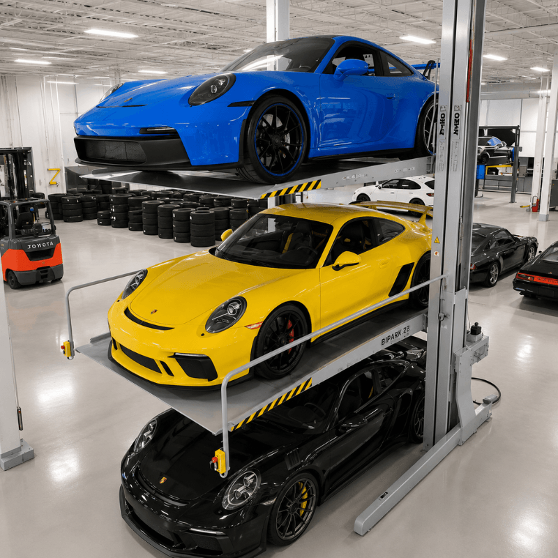 Omer TRIPARK Triple Car Stacker Hydraulic Parking Lift Semi Side View with 3 Cars on the Lift