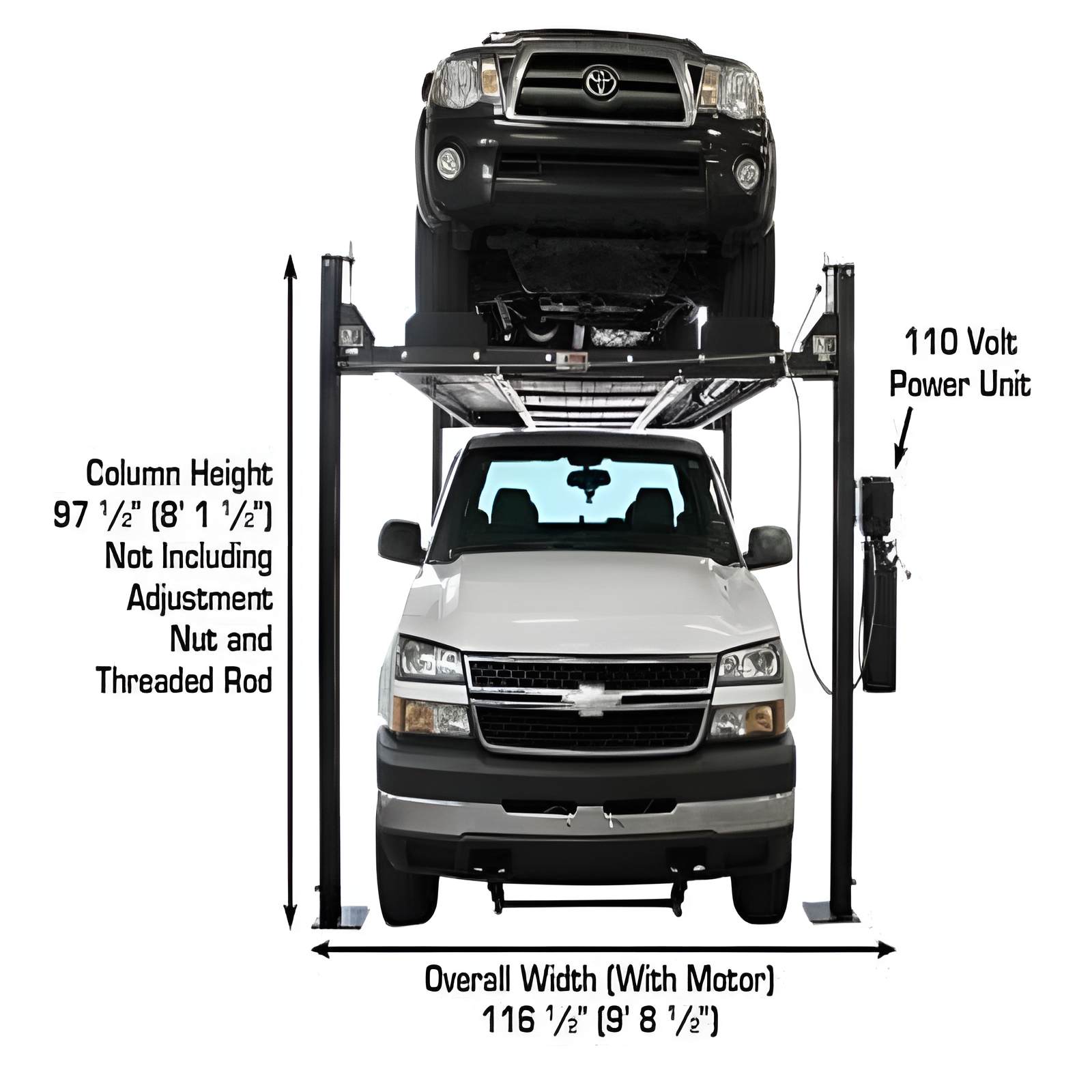 Atlas Garage Pro 8000EXT L 8,000lb 4 Post Vehicle Storage Lift - Extra Tall & Long Front View with Cars
