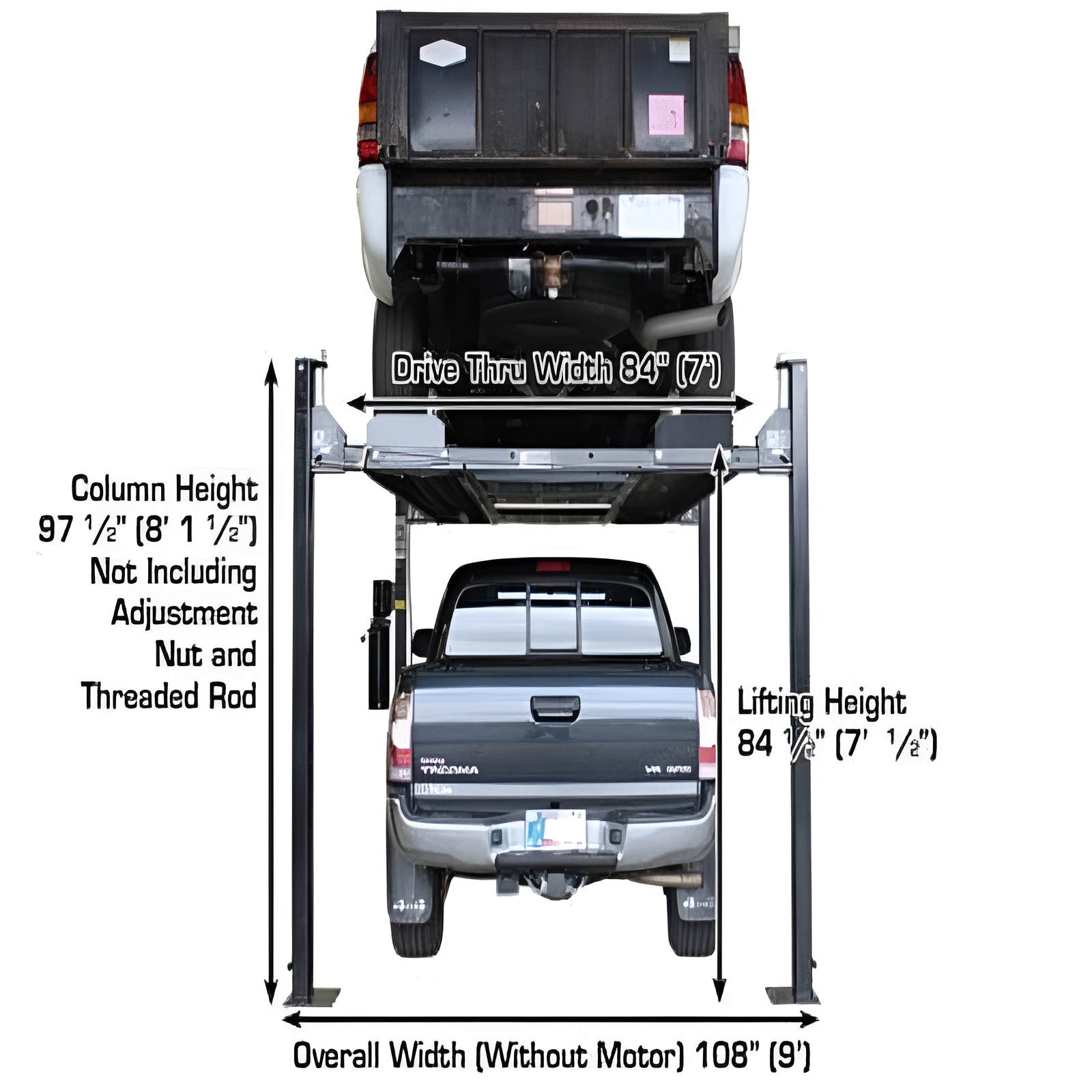 Garage Pro 8000EXT L 8,000lb 4 Post Vehicle Storage Lift - Extra Tall & Long Back View