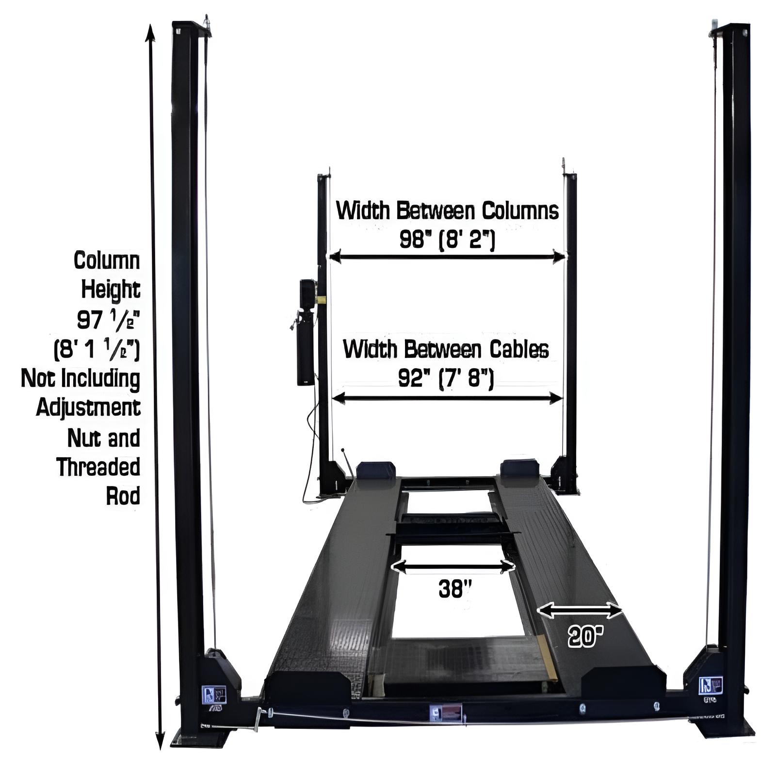 Atlas PRO8000EXT-L 4 Post Lift Front View with Dimension