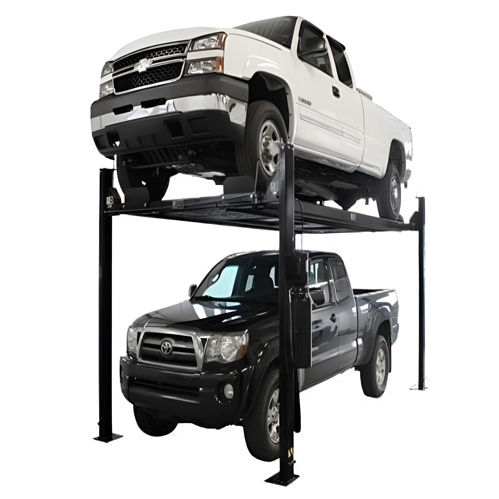Garage Pro 8000EXT L 8,000lb 4 Post Vehicle Storage Lift - Extra Tall & Long by Atlas Side View with Cars