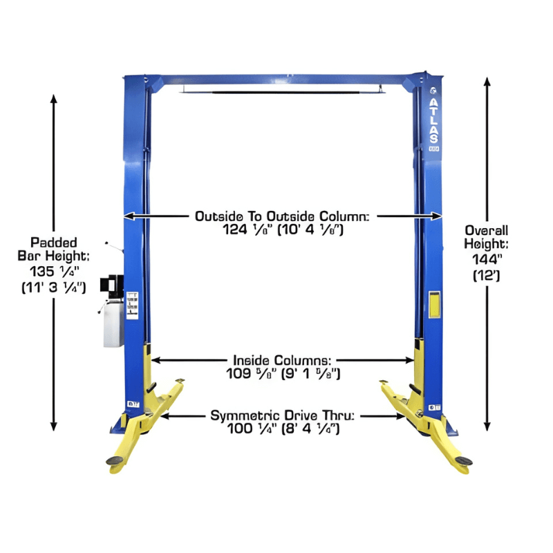 Atlas PRO 9D 9,000 lb Overhead 2-Post Lift Front View with Dimensions
