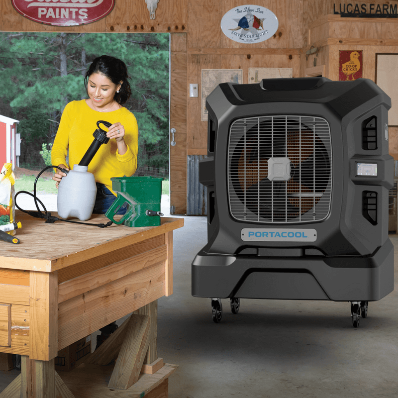 Portable Evaporative Cooler Portacool Apex™ 2000 In use in the Garage View