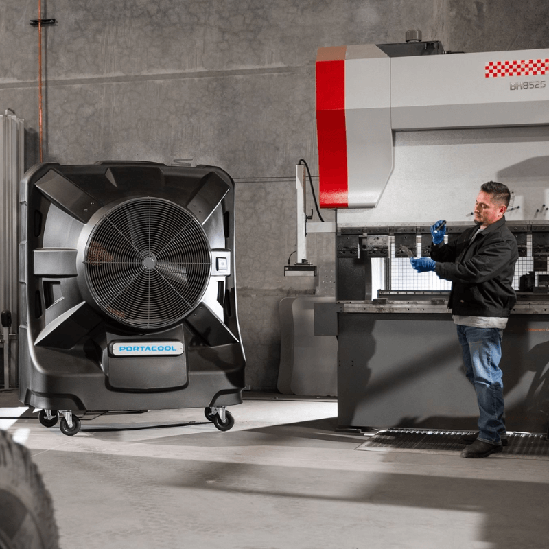 Portacool Apex™ 4000 Portable Evaporative Cooler In Use to Auto Shop View