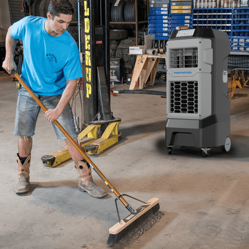 Portacool Apex™ 500 Compact Evaporative Cooler Using in the Auto Shop View