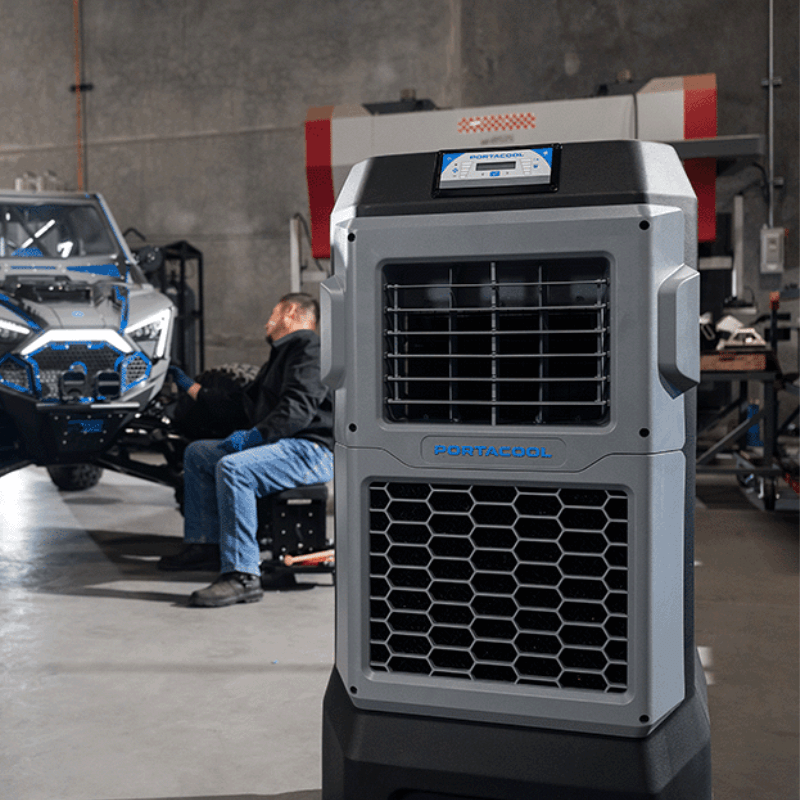 Portacool Apex™ 700 Multi-Purpose Evaporative Cooler in Auto Shop View
