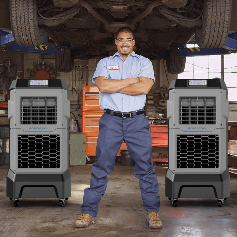 Portacool Apex™ 700 Multi-Purpose Evaporative Cooler In Auto Shop View