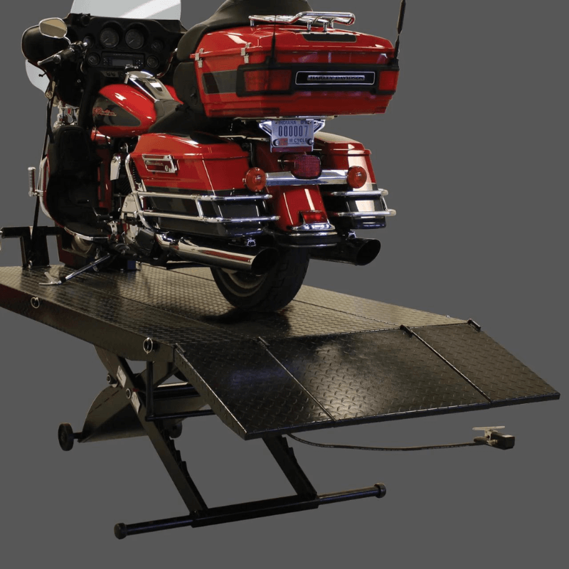Rotary 1000MCL 1,000 Lbs. Motorcycle Lift Ramp view with motor on the top